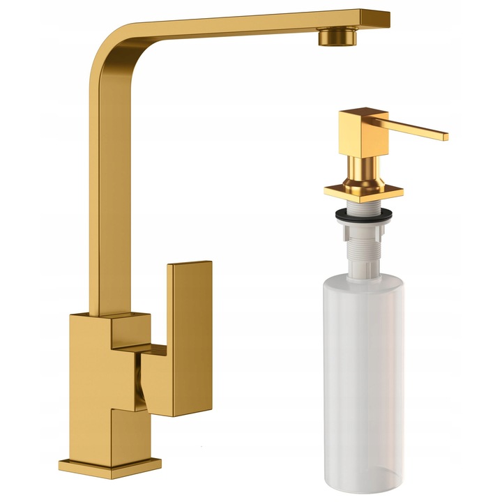 Set Baterie Bucatarie + Dozator Lichid, Granitan Nook, Auriu, Pipa Inalta Patrata, Constructie Din Alama, Cartus Ceramic, Pipa Rotativa 360°, Usor De Montat, Rezistenta La Patare Si Temperatura, Design Modern