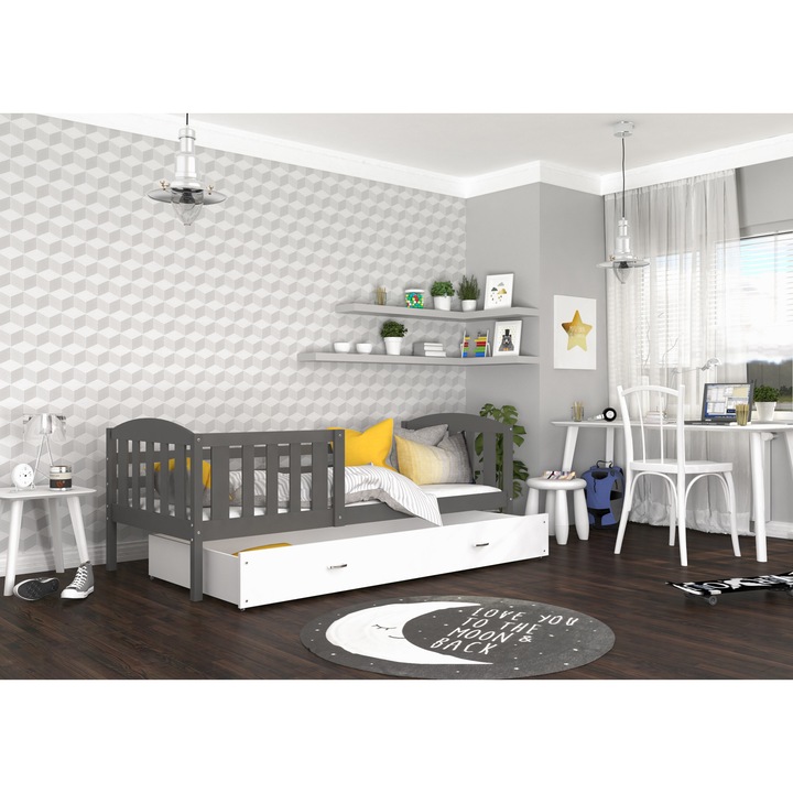 Pat pentru copii, Eurotel, Cubus P, 90x200 cm, Gri/Alb