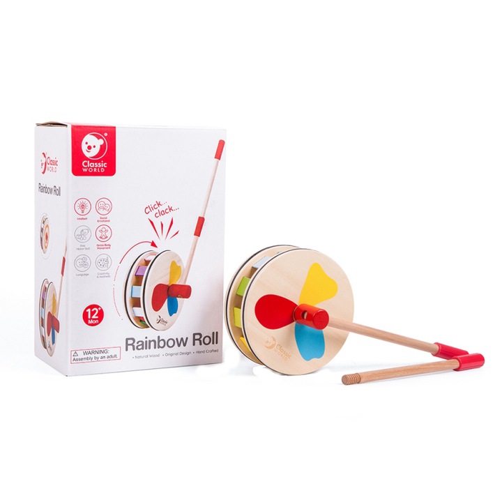 Jucarie din lemn pentru impins, Roata, Curcubeu, Classic World