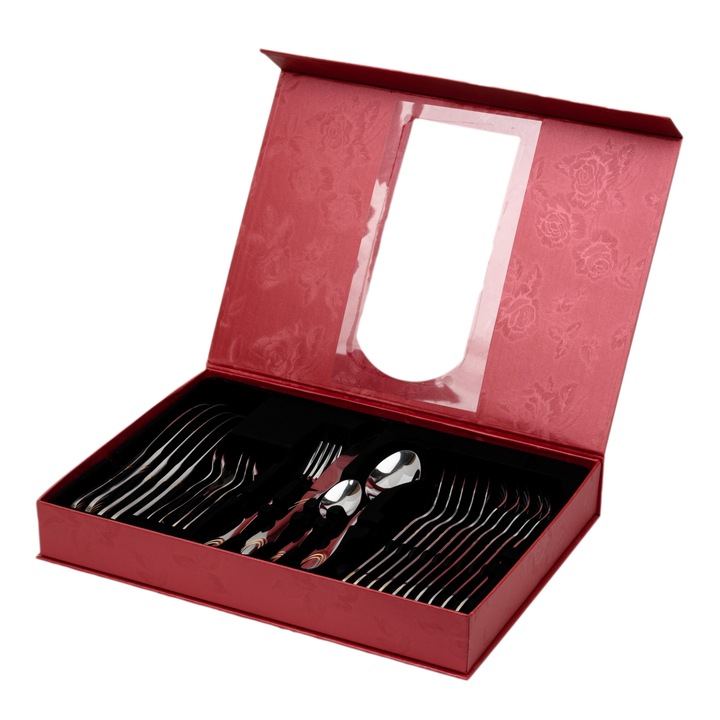 Комплект прибори, RAWI-003, 24 броя, С мотив, Неръждаема стомана, 6 души, Златист