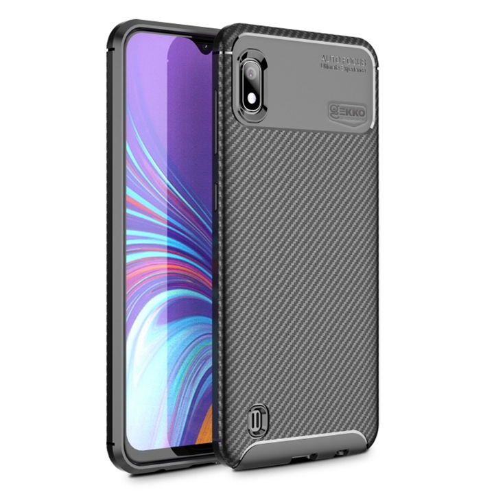 Husa pentru Samsung A10, Silicon Antisoc, Carbon Fiber Design, Neagra