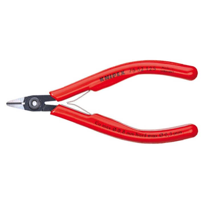 Диагонални клещи за електроника, покафеняла повърхност и дръжки от пластмасова втулка, L 125 mm, O изрез 0,2 - 0,8 / 0,5 / 0,3 / - mm, AXBXD 10,5 X 14 X 6,5 mm