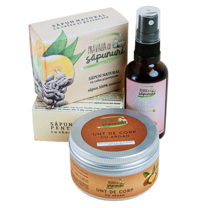 Set Mami si Bebe cu Sapun cu shea si galbenele, Unt de corp cu argan, Ulei de masaj bebe, Sapun cu cafea si portocale, anticelulitic, Pravalia cu Sapunuri, 4 piese