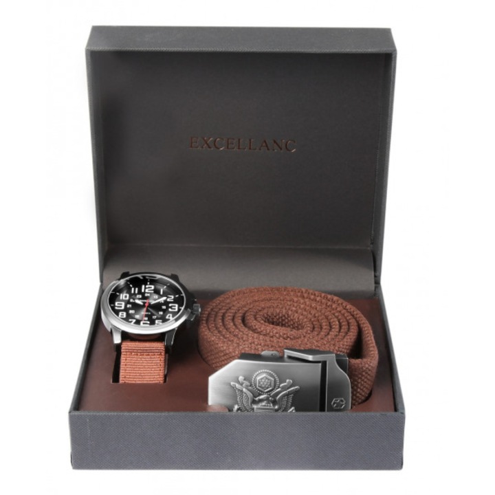 Комплект мъжки часовник и колан Exxcelanc, Кафяви