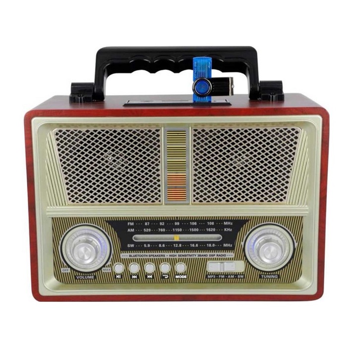 Radio portabil retro, Meier, Analog, Bluetooth 4.1, AM/FM, USB, Multicolor