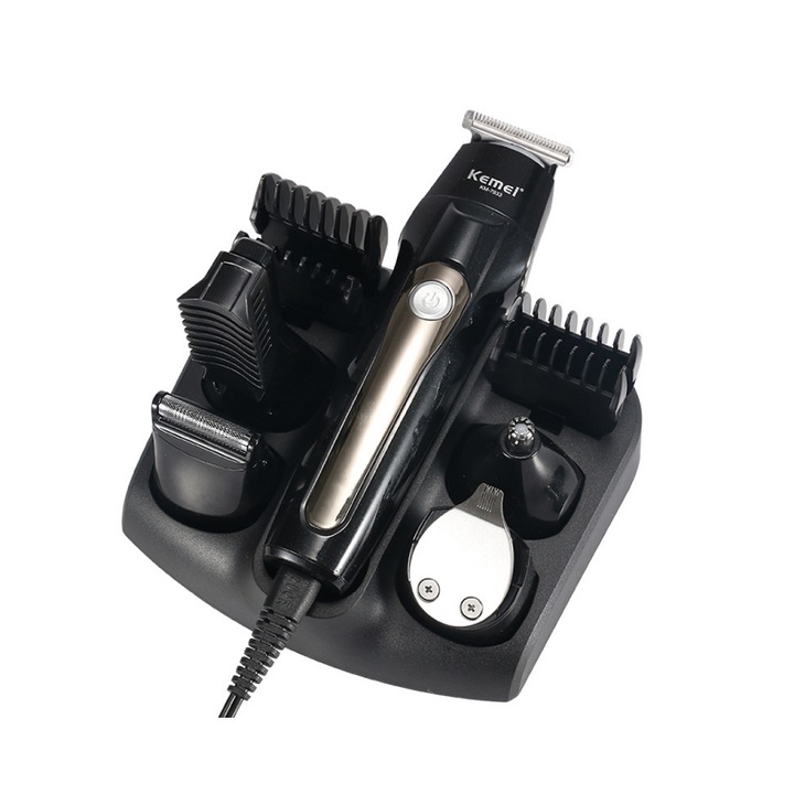 Set masina de tuns, Kemei, 16 x 3,5 cm, Lame otel inoxidabil, 3W, Negru