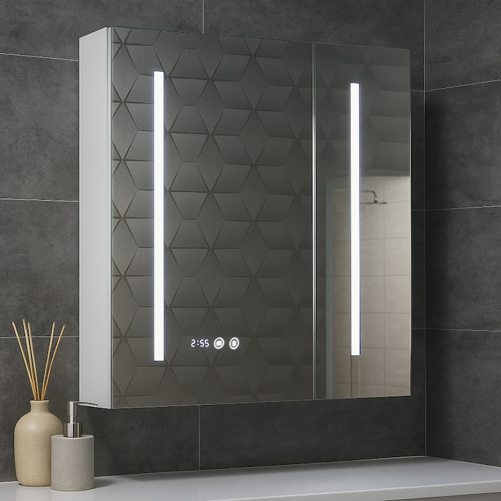 Dulap Badenmob, seria Edge, iluminare LED, alb, 70x68 cm, functie dezaburire, ceas, data si termometru