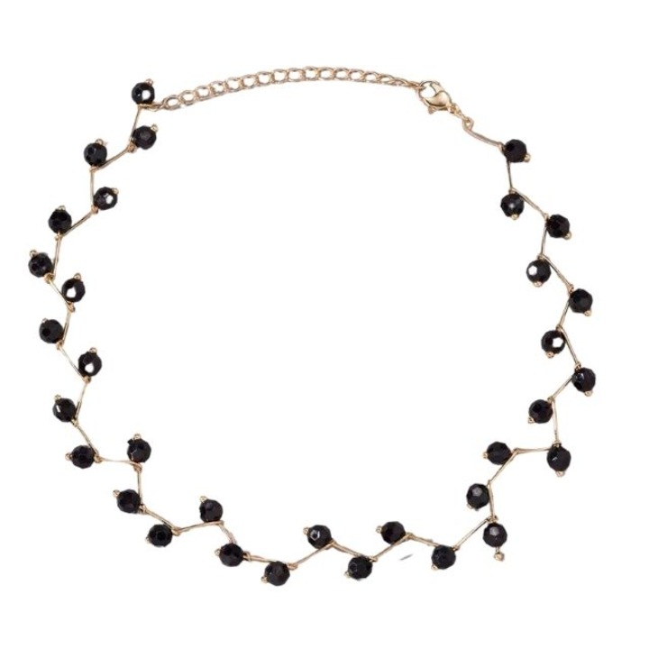 Colier Zig Zag, tip choker, auriu cu bilute negre
