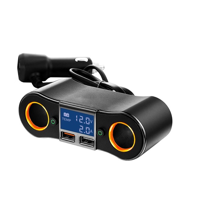 Adapter autós szivargyújtóhoz, dupla aljzat, töltő, Splitter 12V, fekete, A01