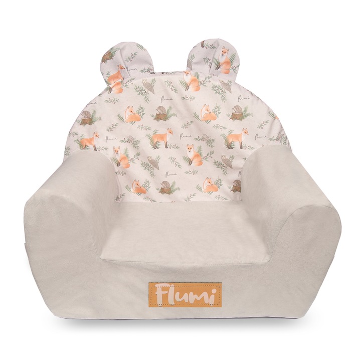 Fotoliu copii din spuma, mikrofaza, cu urechi, husa detasabila si lavabila, fotoliu bebelusi, gri deschis + vulpi, Flumi