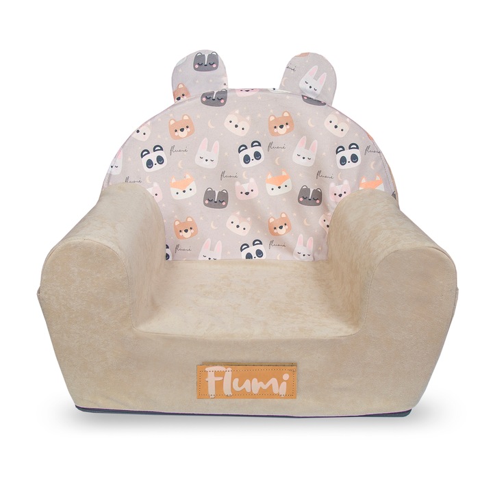 Fotoliu copii din spuma, mikrofaza, cu urechi, husa detasabila si lavabila, fotoliu bebelusi, bej + ursuleti, Flumi
