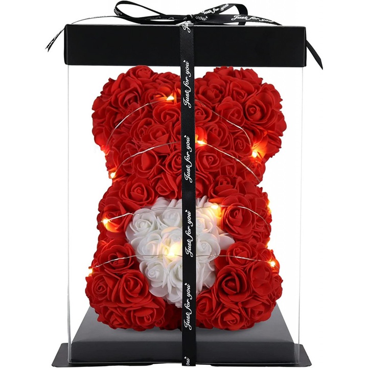 Ursulet аранжировка от рози от пяна, със светлини, тъмночервени цветя, бяло сърце, 25 см, ръчна изработка, прозрачна кутия