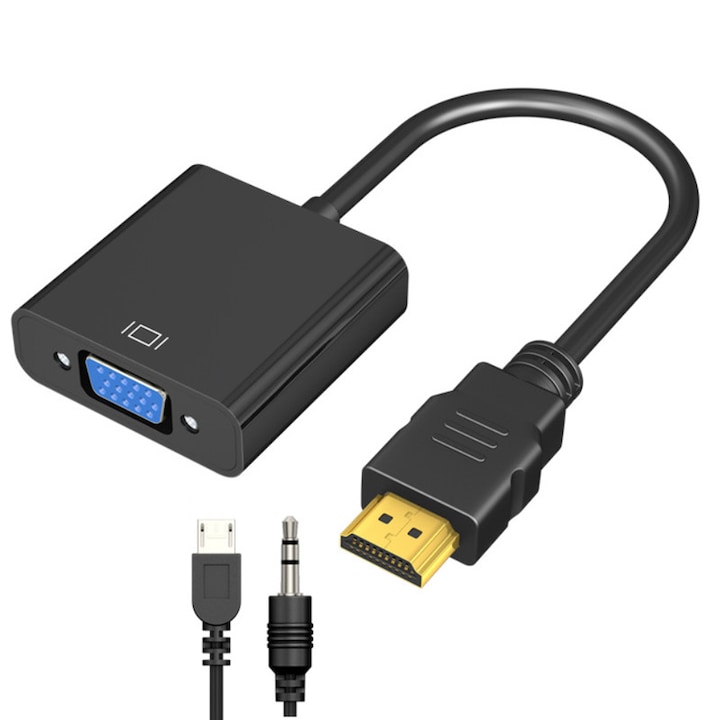 Adaptor convertor semnal Cerule Tree, HDMI-VGA, Cablu audio Jack 3.5 mm, Negru