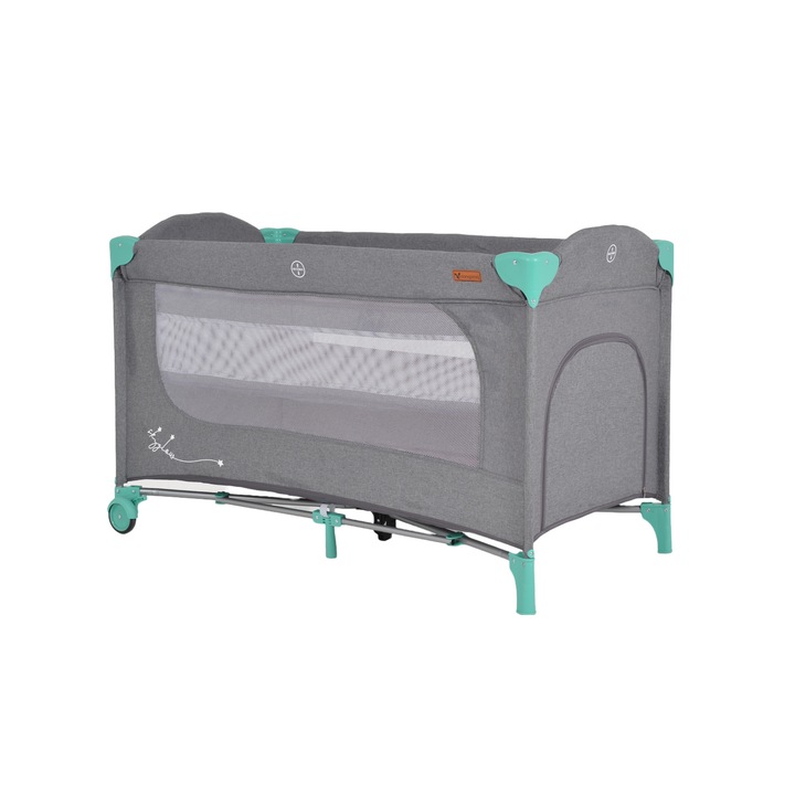 Patut pliabil cu doua niveluri de inaltime si inele ajutatoare Cangaroo Skyglow 2, 120x60 cm, Gri/Verde menta