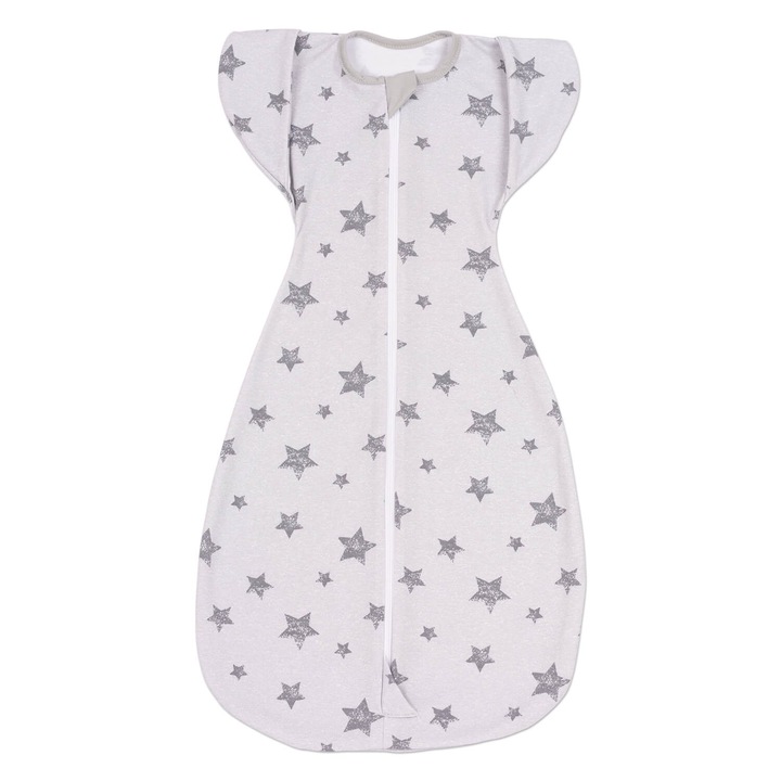 Sistem de infasat transformabil in sac de dormit, 1-6 luni Kidizi® Swaddel Confort UP Grey Stars, 100% bumbac, 0.5 tog
