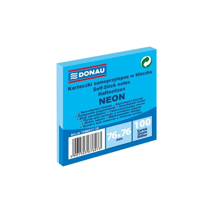 Öntapadó jegyzettömb DONAU 76x76 mm 100 lap neon kék