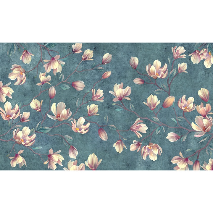 Fototapet Floral, Flori de Magnolie Roz pe crengute, Fundal albastru-turquoise, Stil modern, Living, 100x 300cm