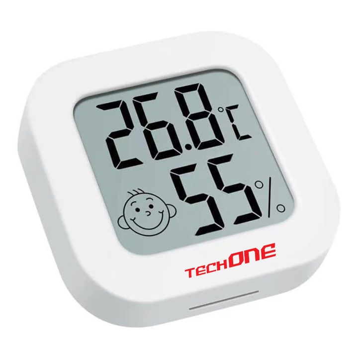 Termometru si higrometru de camera Techone® CX-0726, indicator comfort, citire 10s, gama profesionala, ultra compact alb