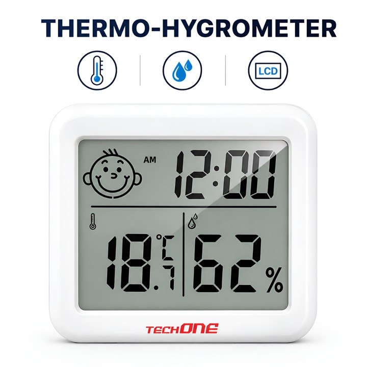 Termometru si higrometru de camera Techone® CX-0813, indicator comfort, citire 10s, afisare ceas si data, umiditate, gama profesionala, suport agatare sau stand, compact, alb