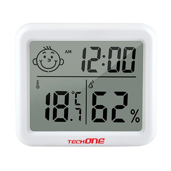 Termometru si higrometru de camera Techone® CX-0813, indicator comfort, citire 10s, afisare ceas si data, umiditate, gama profesionala, suport agatare sau stand, compact, alb