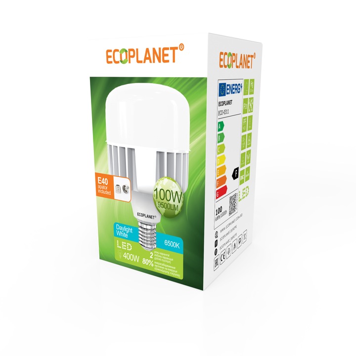 LED крушка Ecoplanet T140 цилиндрична форма, E27, 100W (400W), 9500 LM, F, студена светлина 6500K, Мат