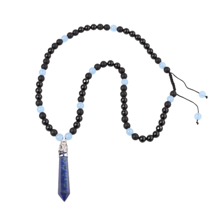 Nyaklánc matt ónix gyöngyökkel, kék féldrágakő medál, Tessero, fekete