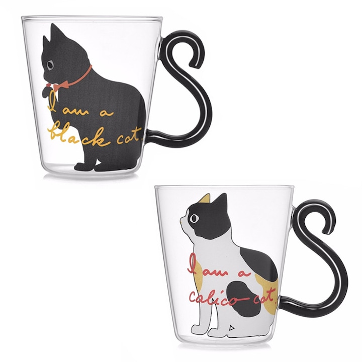 Комплект от 2 чаши WALALLA, модел Cat, стъкло, 250 ml, прозрачно