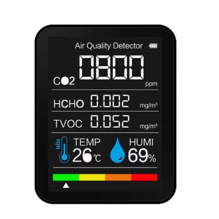 ELMHURST levegőminőség mérő monitor, CO2 detektor, Hőmérséklet és páratartalom, HCHO formaldehid, TVOC illékony vegyületek, Fekete