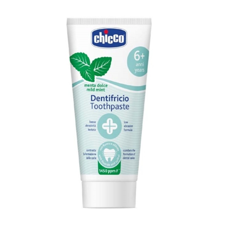 Детска паста за зъби Chicco с флуор и деликатен ментов вкус, 6 години+