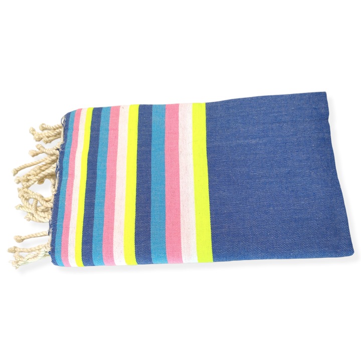 Плажна/СПА хавлия Tunis Fouta 100х200см синя на разноцветни ленти