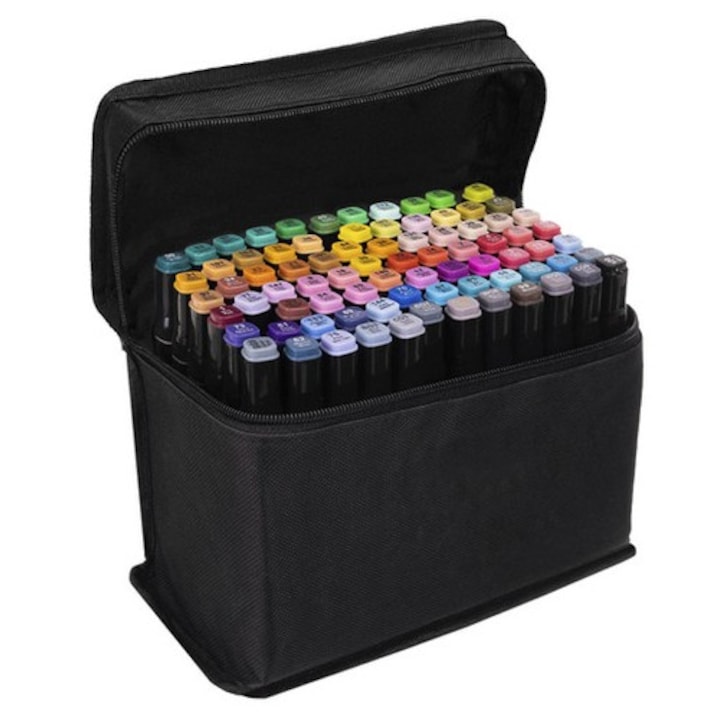 Set 80 markere colorate,2 varfuri grosimi diferite, geanta depozitare Multicolor