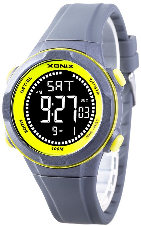 Ceas digital Xonix, Gri/Verde, barbatesc, functii sport, rezistenta la apa 10 ATM