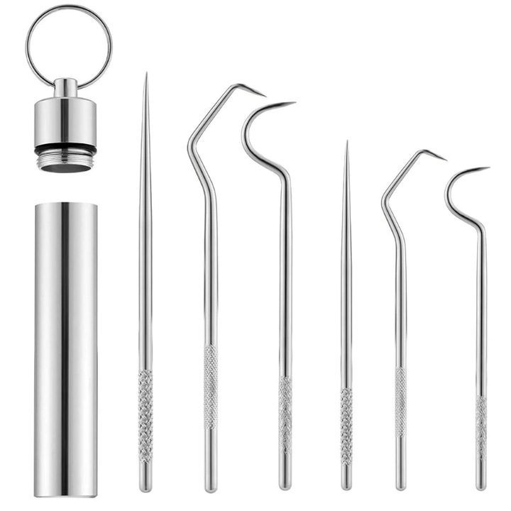 Set 6 scobitori metalice tip breloc, Diferite forme , CRT, Healthy Teeth, Argintiu