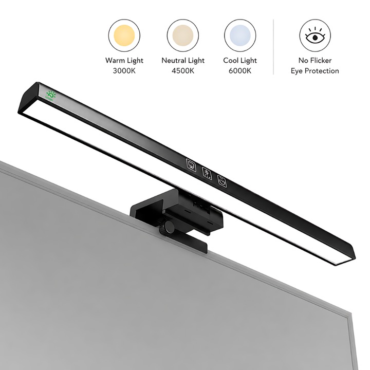 Lampa pentru monitor Huerler® iGlass Pro, 5W, lumina calda, rece, neutra, dimmer, control touch, 120 lumeni, usb, negru
