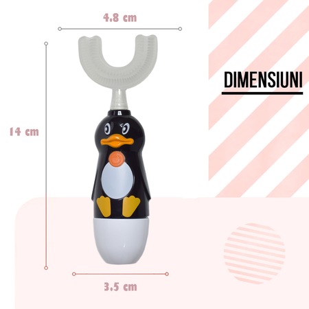 Periuta de Dinti Circulara U-shape, pentru Copii 6-12 ani, Naimeed D4377, cu micro-vibratie, pinguin, Negru