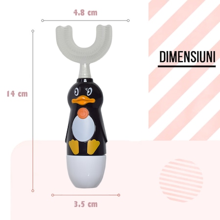 Periuta de Dinti Circulara U-shape, pentru Copii 6-12 ani, Naimeed D4377, cu micro-vibratie, pinguin, Negru