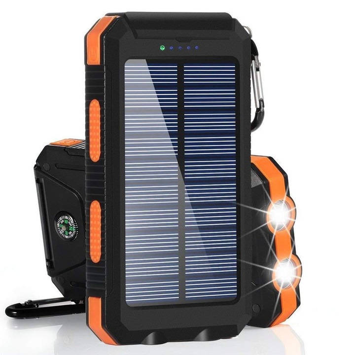 OEM Külső akkumulátor, napelemes töltés, műanyag/szilikon, 8000 mAh, 138x76x19 mm, fekete/narancssárga