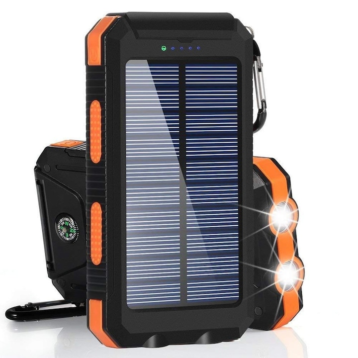 Външна батерия, Соларно зареждане, Пластмаса/Силикон, Черен/Оранжев, 8000 mAh, 138x76x19 мм
