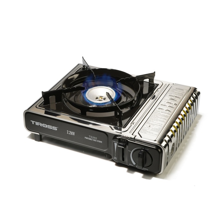 Aragaz camping, realizat din otel inoxidabil, cartus gaz butan, 2.2 kW, aprindere piezo, crom argintiu, 34 x 27 x 14 cm