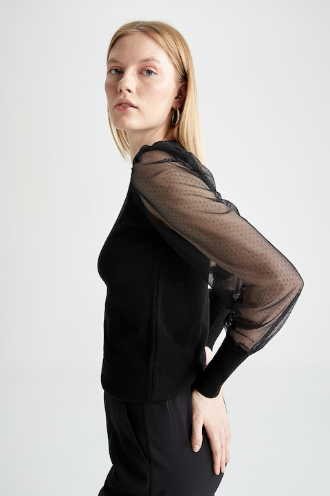 DeFacto, Bluza cu maneci bufante de plasa, Negru, S