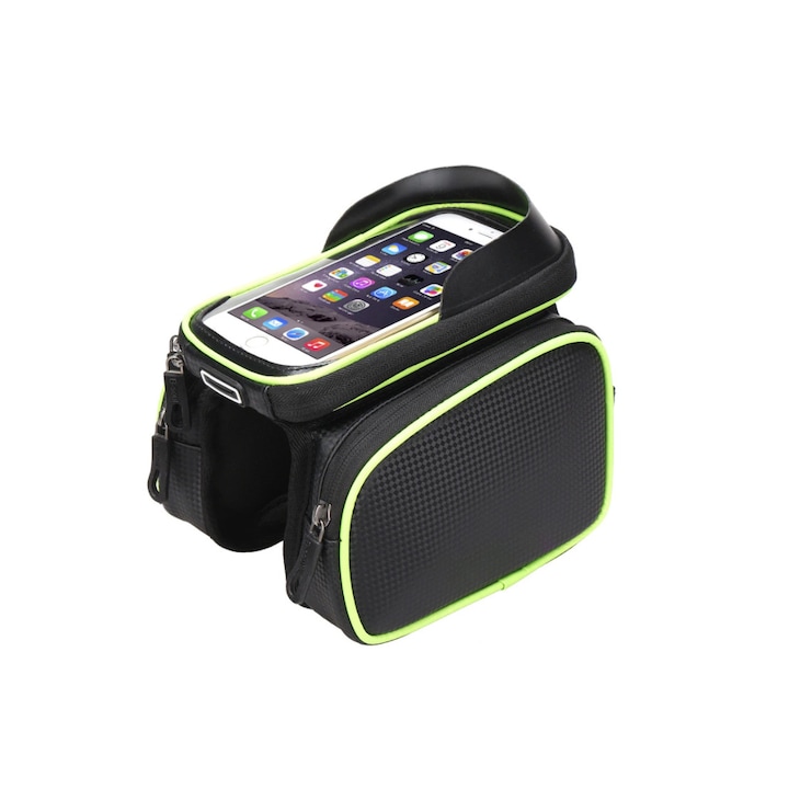 Geanta impermeabila pentru bicicleta, ZYuuan, cu montare pe cadru, husa de telefon inclusa, compatibila cu telefoane de pana la 17.5 cm, iesire pentru casti, spatiu depozitare 1.5L, verde/negru