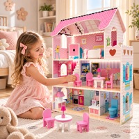 Casuta de Papusi, din Lemn de Calitate, cu Iluminare LED, DollHouse Villa, in Culori Pastelate, 3 Niveluri, 5 Camere si Terasa, 9 Piese de Mobilier, Indiggo®, 70 Cm Inaltime, Roz/Alb