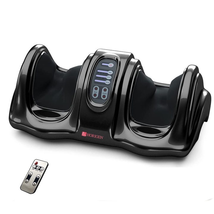 Масажор за крака Horigen® Feet King, 4 режима Auto, Shiatsu, ръчен режим, с нагряване, регулируема скорост и интензитет, масаж на ръце, бедра, дистанционно управление, подвижни капаци, черен