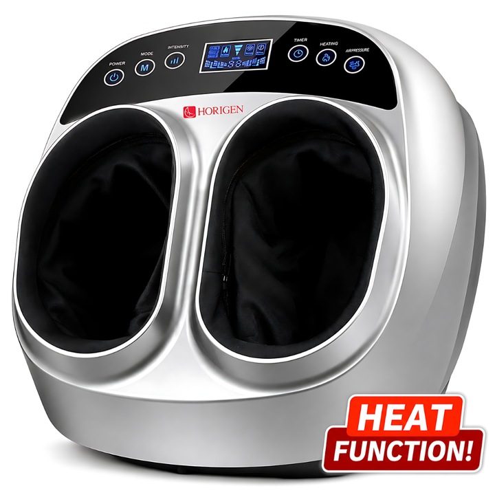 Aparat de Masaj Picioare Horigen® Happy Feet, 3 Moduri Auto, Shiatsu, Mod Manual, Cu Incalzire, Compresie Aer, Viteza si Intensitate Reglabile, Timer, Telecomanda, Huse Detasabile, Gri