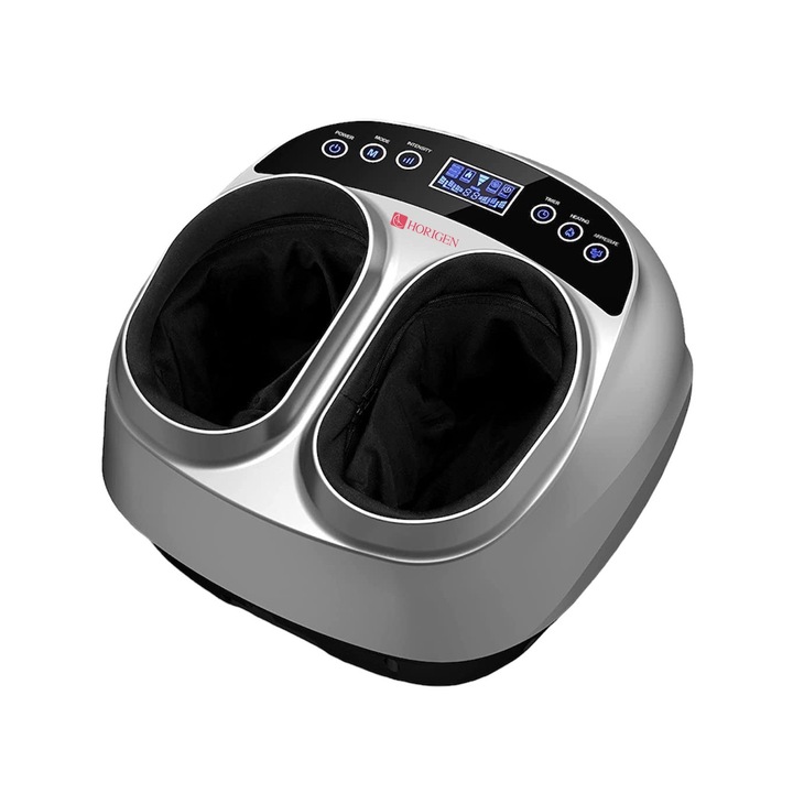 Horigen® Happy Feet масажор за крака, 3 режима Auto, Shiatsu, ръчен режим, с отопление, въздушна компресия, регулируема скорост и интензитет, таймер, дистанционно управление, подвижни капаци, сив