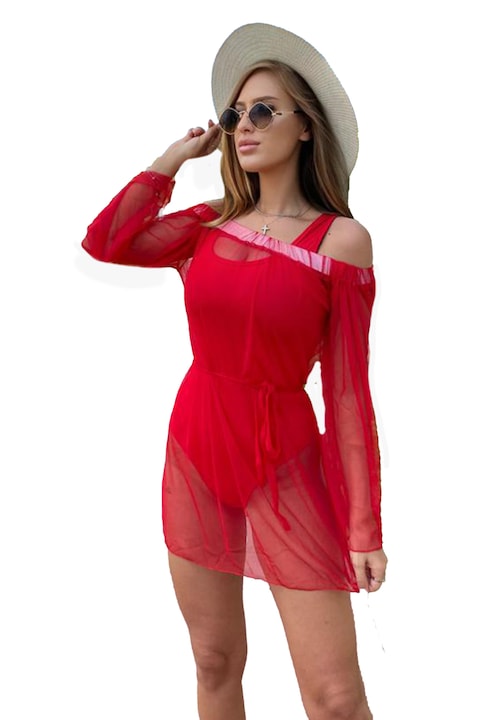 Floridas szett, teljes fürdőruha és hálós ruha, Piros, Univerzális S/M méret