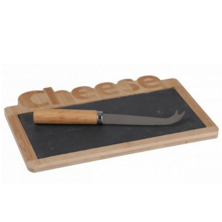 Комплект плато за сервиране на сирене и нож, бамбук, шисти, 25x17 см