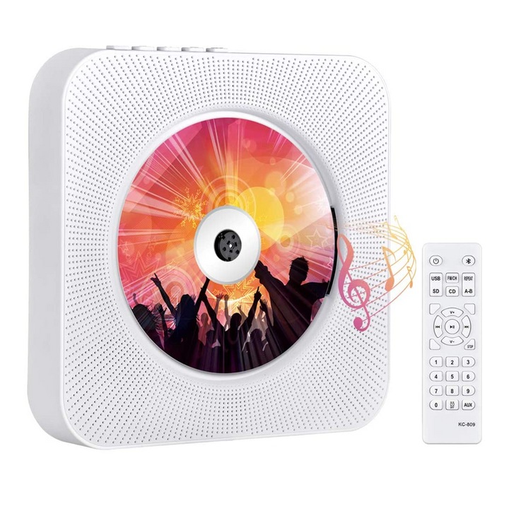CD Player portabil, Bluetooth 4.2, Ecran LCD, Telecomanda, Alb