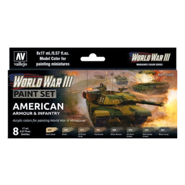 Комплект акрилни бои, Vallejo, WWIII American Armor & Infantry, 8x17 ml, Многоцветен