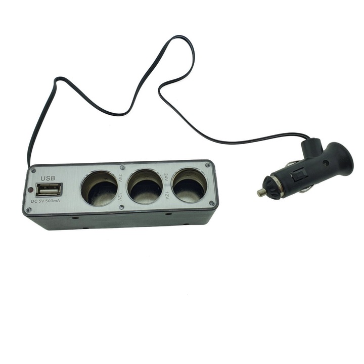 Multiplicator bricheta auto WF-0096, cu splitter 3 porturi, prelungitor 50 cm, 12V si 5V USB, negru-argintiu USB